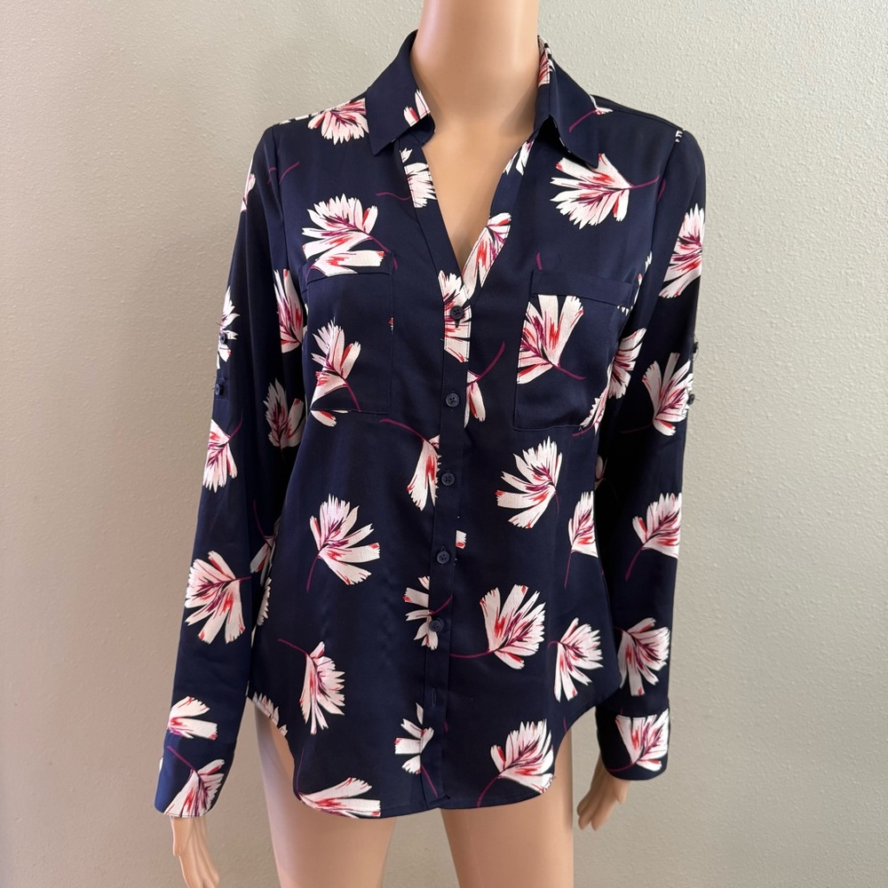 Express  Portofino Navy Floral Button Down Shirt long sleeve Sz S
